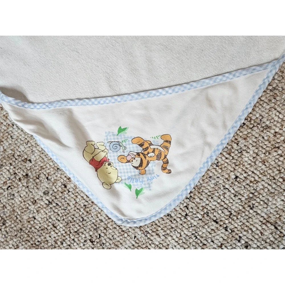Disney Winnie the Pooh Tigger Hooded Baby Towel White Blue Gingham Trim Vintage